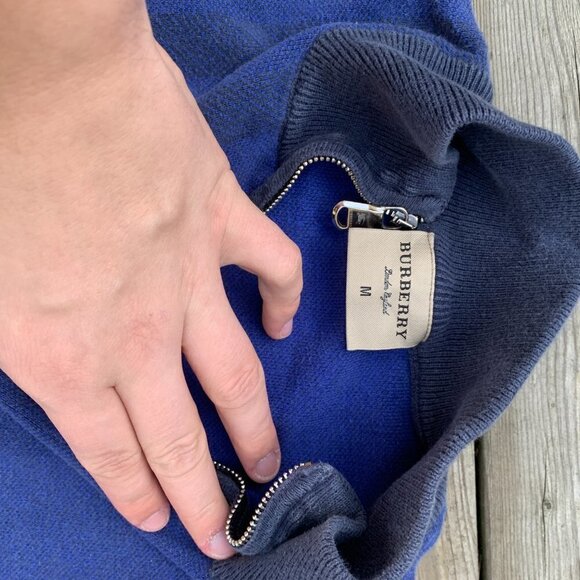 Vintage Burberry Quarter Zip Sweater Medium Blue - Picture 3 of 10